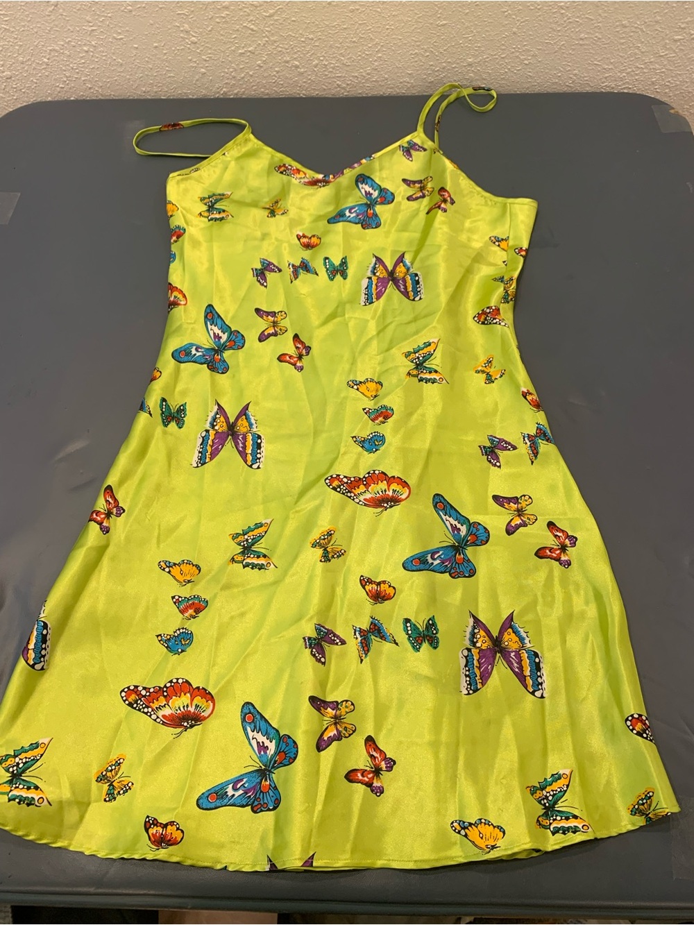 Butterfly-Print Satin Slip Dress - Lime Green